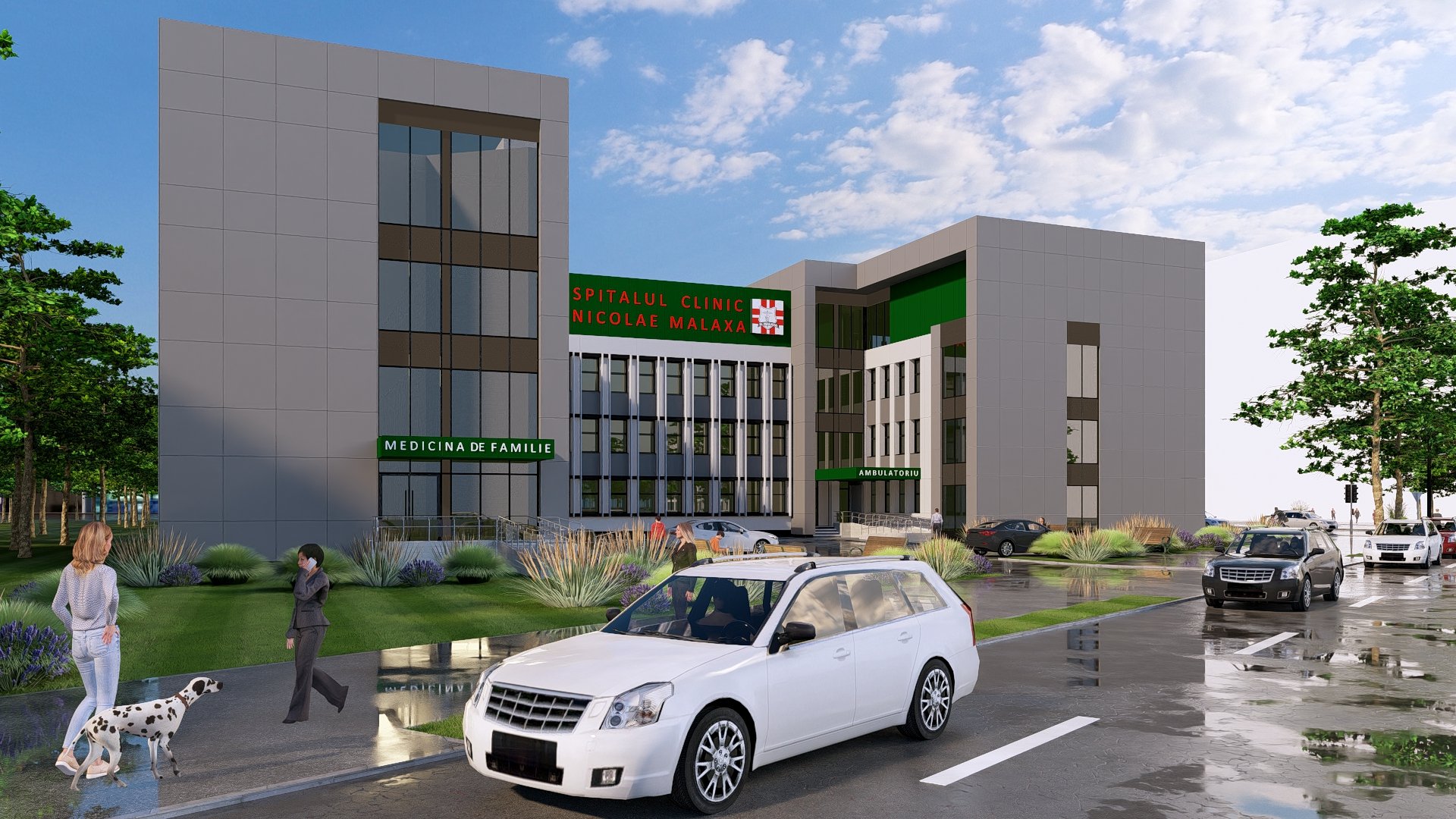 Fațadă principală a Spitalului Clinic Nicolae Malaxa Pantelimon cu intrările Medicină de Familie și Ambulatoriu, sigla spitalului pe corpul central și accente cromatice verzi, randare 3D proiect PPAE
